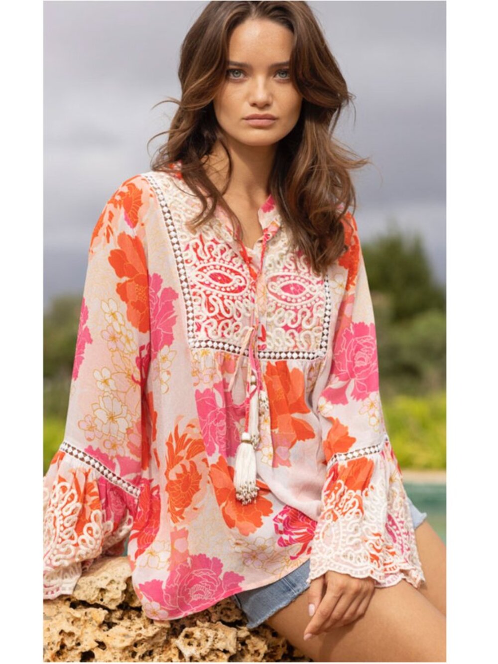 Miss June Paris Pink Floral Boho Blouse Embroidered Bell Sleeve Tassel Large - Picture 4 of 10